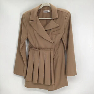 Storets Double Breasted Pleated Vintage Style Chic Blazer Jacket Tan Size Small